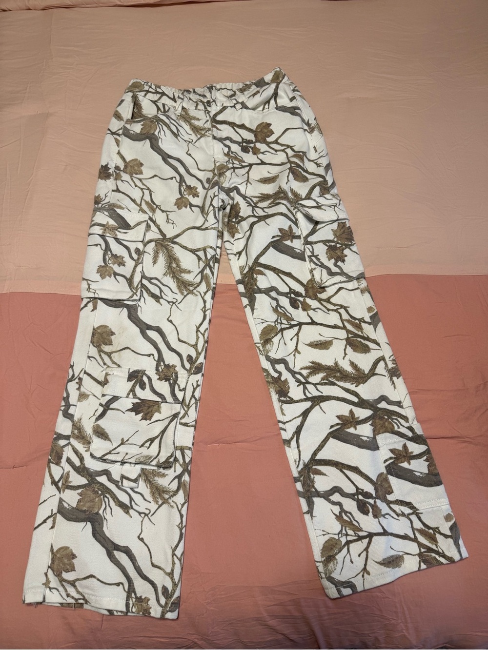 Blue Asphalt White Wide-Leg Pants with Brown Floral Branch Print